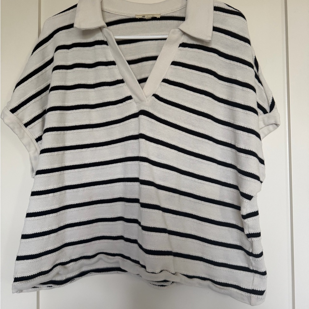 Madewell White & Black Striped Polo Crop Top